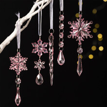 5pcs Christmas Snowflake Icicle Pendants – Transparent Festive Tree Ornaments, Lightweight, Pink, Compatible with Standard Tree Hooks