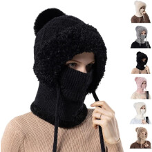 3 in 1 Beanie Hat with Scarf and Mask,Women Fall Winter Warm Knitted Windproof Fleece Lined Winter Scarf Mask Set Snow Caps