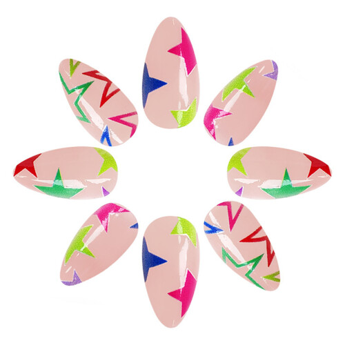 Star Print Pink Fake Nails - Smooth Edge 1