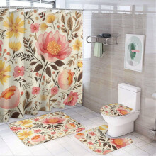 4-Piece Pink & Yellow Floral Shower Curtain Set with Rug, Toilet Cover & U-Shaped Mat, 12 Hooks, 72"x72", for Bathroom Decor