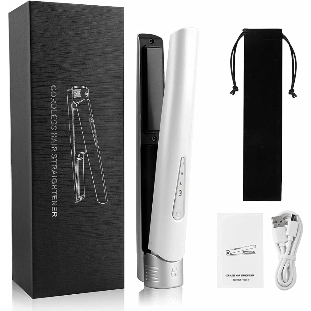 2-in-1 Rechargeable Hair Straightener & Curler, 4800mAh, Mini Titanium Plate, Portable (White)