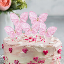 Mother's Day Embroidered Butterfly Cake Flag – 5x4x1cm Pink Wax Fabric | DIY Dessert Table Ornament, Baking Decoration, Compatible with Cakes &