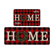 Christmas Kitchen Floor Mats, Non-Slip L-Shaped Anti-Fatigue Rug Set of 2, Red & White Polyester, Stain-Resistant, Compatible with