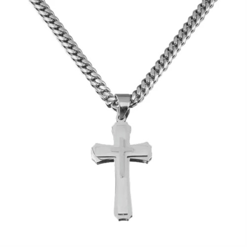 Colar com pingente de cruz da crucificação em aço inoxidável, corrente Miami, cor prata, 55 cm (22 polegadas) para homens e mulheres. 2