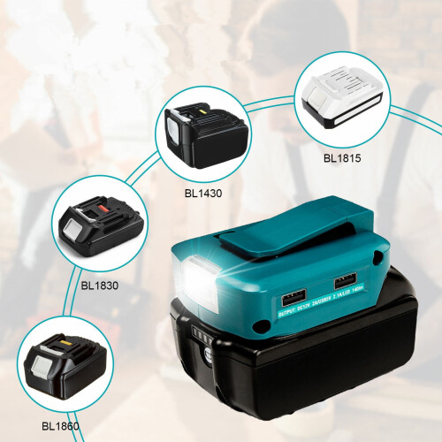 USB power source for 14.4V–18V Li-ion batteries, dual USB 2