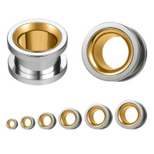1 paio di dilatatori per piercing all'orecchio a tunnel doppio svasato in acciaio chirurgico - Argento e oro - 6 mm