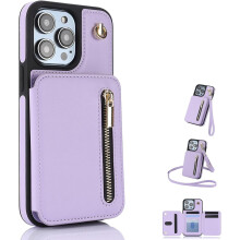 Fertilvrsus Wallet Case for iPhone 16/15/14/13, PU Leather Flip Cover with Card Slots, Wrist Strap & Crossbody Lanyard (Apricot, for 13Pro)