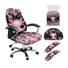 Axolotl Cherry Flower Print Office Chair Cover Set (5 PCS) – Stretchable Gaming Slipcovers, Armrest Covers, Remote Holder & Tissue Organizer –