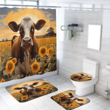 Funny Cow Shower Curtain Set with Non-Slip Rug, Toilet Lid Cover & Bath Mat – 72x72 Inch, Farmhouse Western Decor