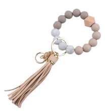 Silicone Bracelet Wrist Keychain Pendant Leather PU Tassel Silicone Beaded Bracelet Keychain Ring