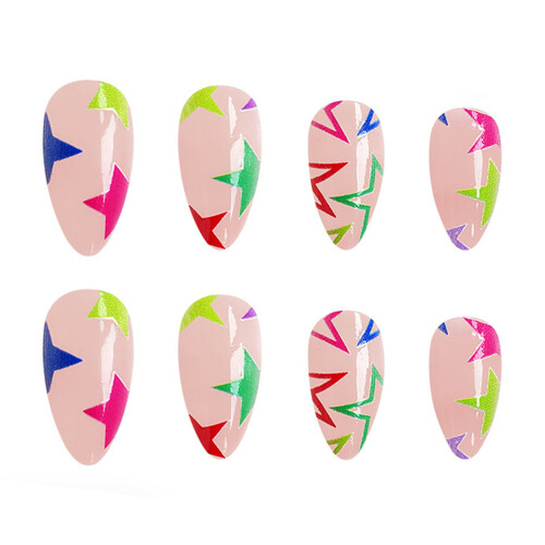 Star Print Pink Fake Nails - Smooth Edge