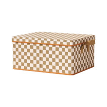 Fabric Storage Box with Lid, Brown/White Square Cloth Bin for Clothes, Foldable Wardrobe Organizer