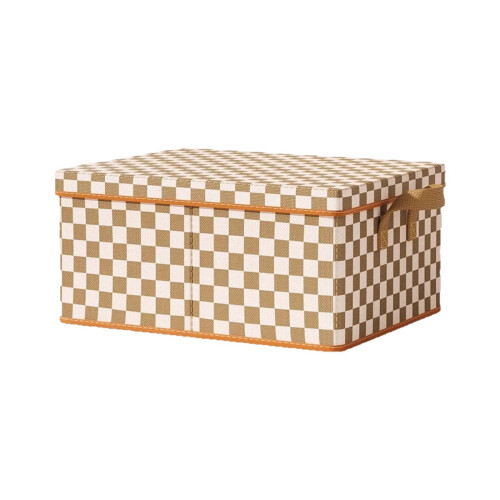 Fabric Storage Box with Lid, Brown/White Square Cloth Bin for Clothes, Foldable Wardrobe Organizer