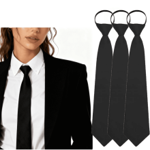 3Pcs Black Tie 3.15” Adjustable Pre-tied Necktie for Women Solid Color Neck Tie Girl Zipper Ties for Business UniformsTie for Women