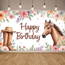 Guirnalda floral, telón de fondo con temática de vaquera y caballos: decoración rústica vintage para fiestas de cumpleaños de niñas, reuniones