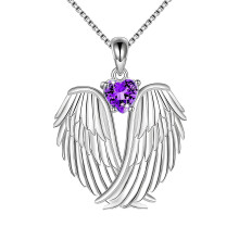 Angel Wings Necklace with Birthstone – Purple Guardian Angel Pendant, Compatible with Women & Girls, Valentine's Day & Christmas Gift