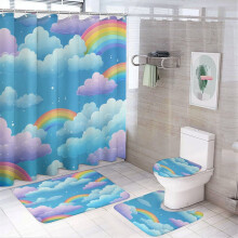 4-Pc Bathroom Rug Set w/ Shower Curtain, Non-Slip Mats, Toilet Lid Cover & Bath Mat – Clouds & Rainbows, Waterproof, for Girls' Room, Nursery,