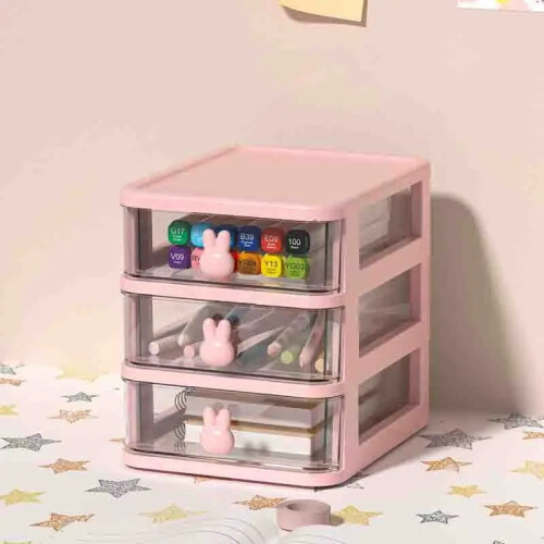 2-5 Layers Clear Stacking Drawer Organizer Multi-Tier PP Storage Box Cartoon for Office/Beauty Products, Modular Desktop System
