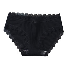 Women's Cotton Soft Lace Mid-Rise Ribbed Stretch Panties – Black, Compatible with All Body Types