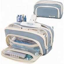 Large 3-Compartment Pencil Case – Blue, Aesthetic Stationery & Cosmetic Organizer for Adults, Men & Women – Compatible with Office Essentials