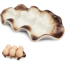 6 Cups ceramic egg holder, Decorative Serving Egg Stand, Holds Half Dozen Eggs for Fridge & kitchen Countertop Display (Brown)