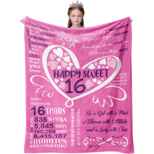 Κουβέρτα Sweet16 για κορίτσια – 60"x80", Δώρο γενεθλίων για την κόρη, την αδερφή ή την