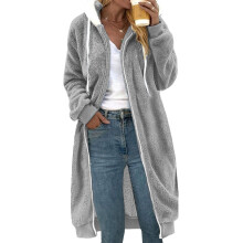 Cappotto da donna autunnale e invernale, spesso, di media lunghezza, double-face, con cappuccio in peluche.