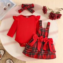 Conjunto para Bebê Menina com Blusa de Babados e Saia Xadrez com Laço, Blusa de Manga Longa Canelada, Saia Clássica e Faixa de Cabelo – Roupa