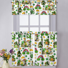 St. Patrick’s Day Kitchen Curtains 3-Pc Set, Shamrock & Gnome Tier Valances, Rod Pocket, Farmhouse Cafe Style, 36"