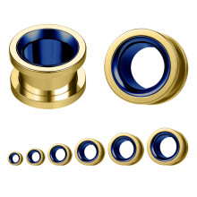 1 paio di dilatatori per piercing all'orecchio a tunnel doppio svasato in acciaio chirurgico - Oro e blu - 14 mm