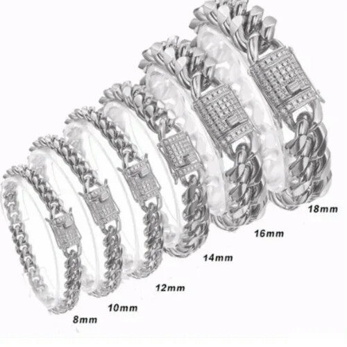 Pulseira masculina punk estilo Miami Cuban Link em aço inoxidável dourado ou prateado (8-18mm - 8,5 polegadas).