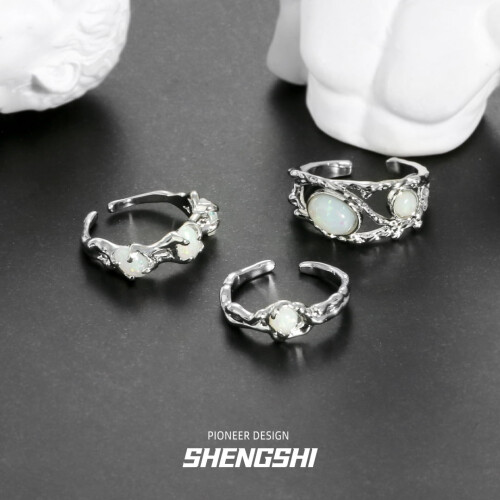 Vintage Irregular Moonstone Opal Open Ring - Unique Textured Ins-Style Adjustable Ring for Women 2