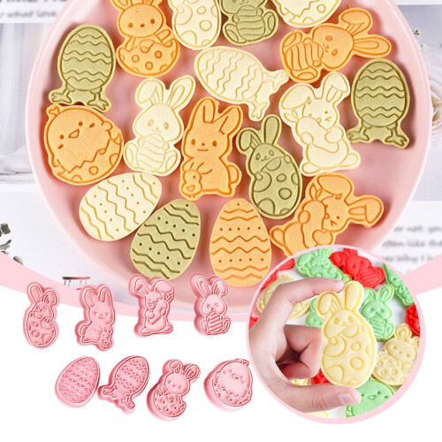 Rabbit Cookie Cutter Set, 8 Pcs Easter Cookie Cutter with Cute Bunny, 3D Plastic Cookie Mould Cookie Stamps for Easter Biscuit Snacks Baking