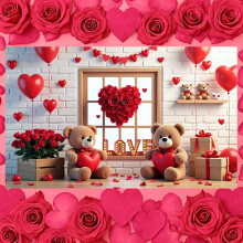 Banner de San Valentín con temática de Cupido – Fondo con estampado de corazones rojos para cenas románticas y celebraciones en pareja,