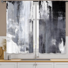 Abstract Black & Grey Kitchen Curtains, Rod Pocket, Modern Neutral Tier Drapes for Cafe/Dining Room (27.5"x39", 2 Panels)