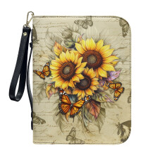 Butterfly Sunflower PU Leather Bible Case for Women & Men – Minimalist Design, Detachable Wristlet Strap, Scripture Bag, Religious Gift, L