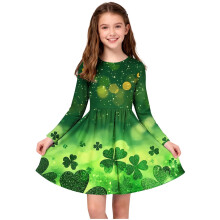 Girls St Patrick's Day Dress Long Sleeve Round Neck with Holiday Print Casual Festive Style for Ballet Practice