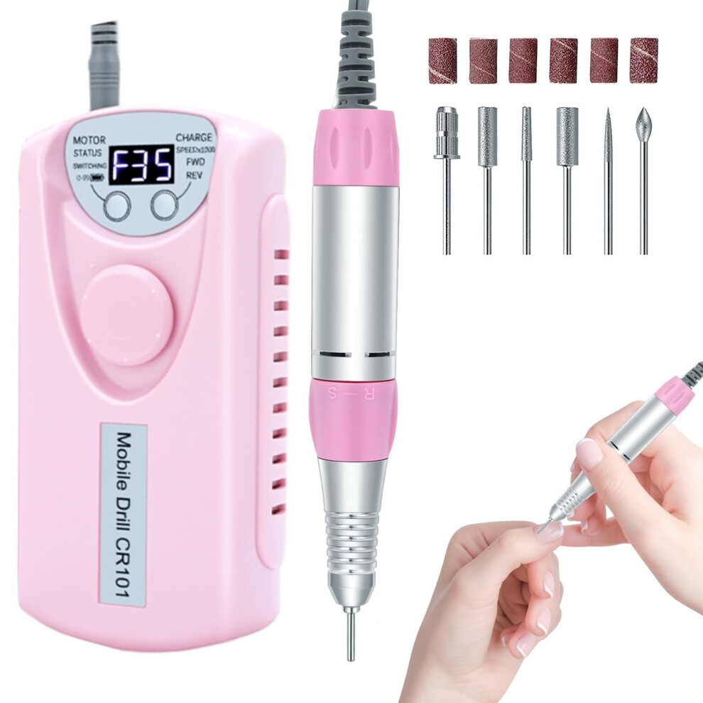Pink Professional Cordless Nail Drill 35000Rpm, Rechargeable E-File With Bits, Compatible With Acrylic & Gel Nails,