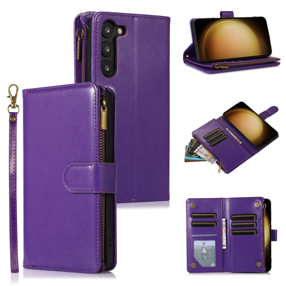 Samsung Galaxy S23 Case Â Pu Leather Folio With 9 Card Slots, Zipper Pocket, Wrist Strap & Stand Â Compatible With S23 6.1" (Purple) Purple 9170372299133