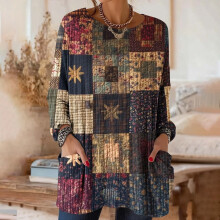 Women's Printed Loose Long Sleeve Top with Pockets