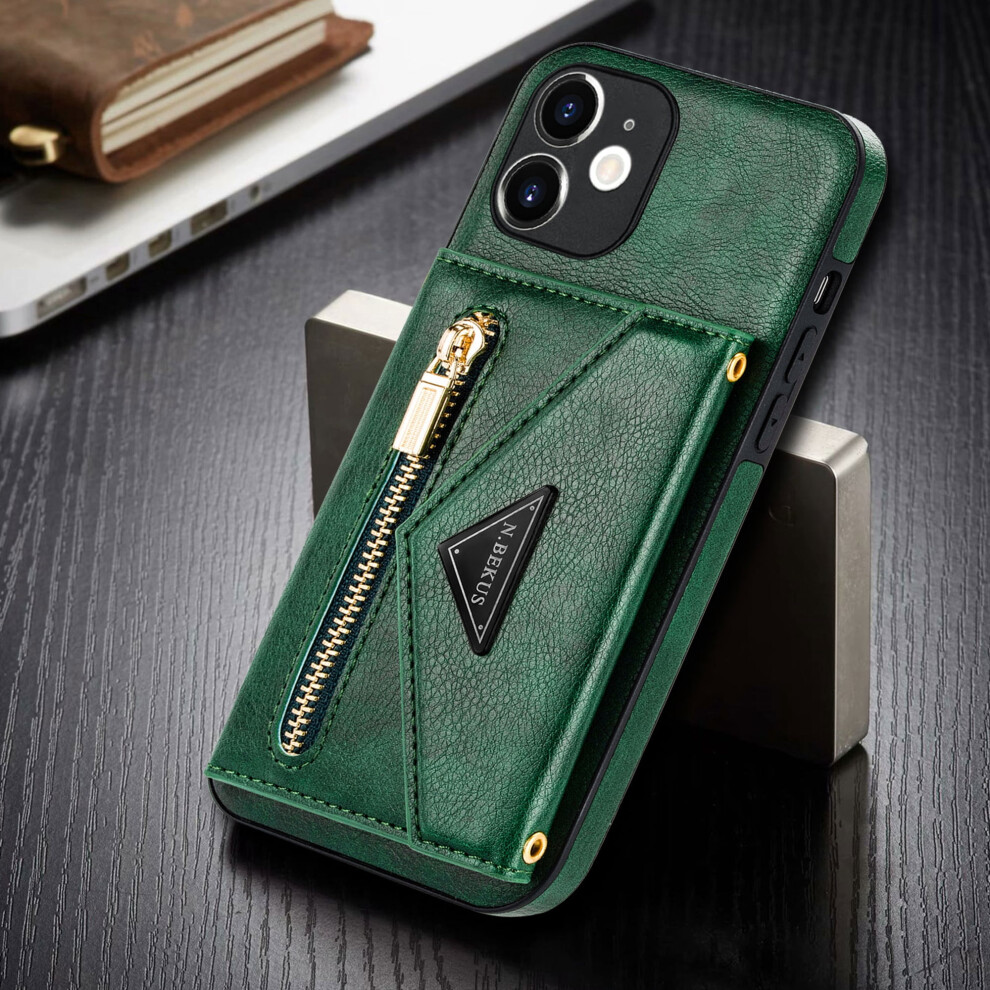 Shockproof Card Holder Wallet Case For Iphone 11 6.1", Pu Leather + Silicone, Kickstand & Shoulder Strap, Green 9170372299256