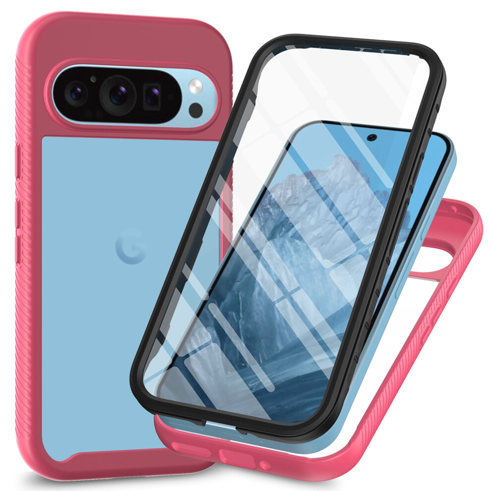 Google Pixel 9 / 9 Pro Case With Built-In Screen Protector, Shockproof Rubber Hybrid, Crystal Clear Pc Back, Pink 9170372299607