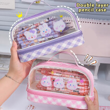 Large Capacity Pencil Bag Cute Clear Pencil Pouch with Zipper Double Layered Kitty Pen Case for Students The Opening Season Supplies(Pinks)