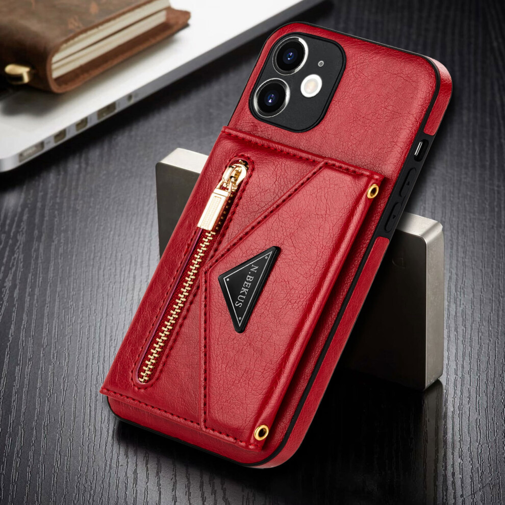 Shockproof Card Holder Wallet Case For Iphone 11 6.1", Pu Leather + Silicone, Kickstand & Cross-Body Strap, Red 9170372299799
