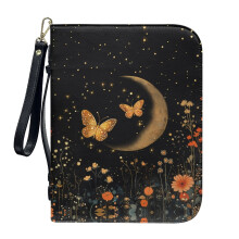 Boho Butterfly Moon Stars PU Leather Bible Cover for Women & Men – Lightweight, Detachable Wristlet Strap, XL Church Bag, Compatible with Standard