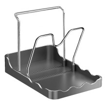 Suporte organizador de aço inoxidável para colheres e tampas, ideal para fogão e bancada de cozinha.