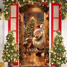 Décoration de porte de Noël – Toile de fond Père Noël, housse suspendue de Noël, bannière Père Noël amusante pour photomaton et décoration