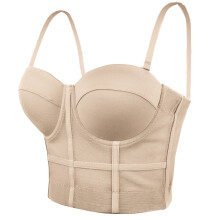 Women's Mesh Bustier Crop Top Push Up Corset Tops Bra Apricot Beige L