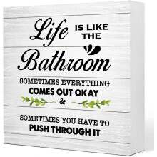 Letrero de madera gris "La vida es como el baño" para escritorio, divertido letrero de madera para baño, ideal para estantes de inodoro de estilo