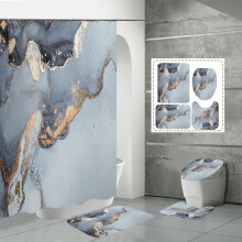 4Pcs Blue Geometric Bathroom Set: Shower Curtain (w/ 12 Hooks), Bath Mat & Toilet Rugs – Navy Abstract Modern Art